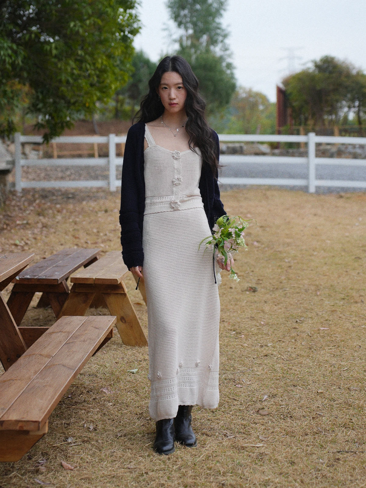 

Botanique "Rose Life" Handmade Crochet Flower Wool Cotton Vest Half Skirt Fashion Set for Women Long Sleeve Mid-Length Spring...