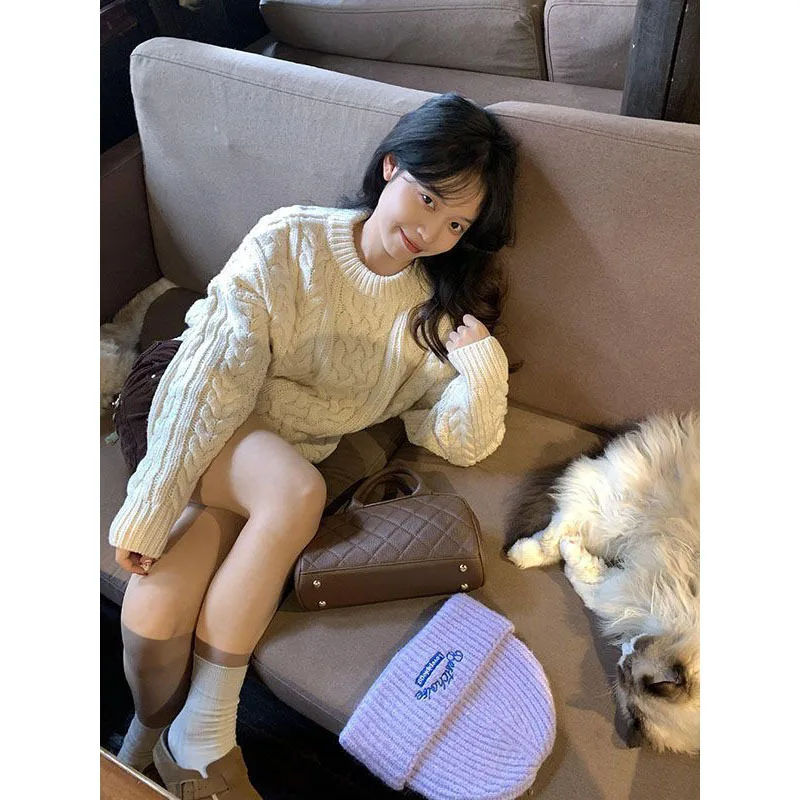 Women Knitting Sweater 2025 Autumn Winter Korean Sweater Cable Knit Crew Neck Soft Loose Slouchy Figure Flattering Pullover