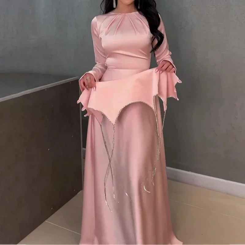 

Women Dress A Line Long Dresses Party Long Sleeve Summer Chain Maxi Casual Pink Slim Eid Muslim Elegant Splice Vestidos 2024