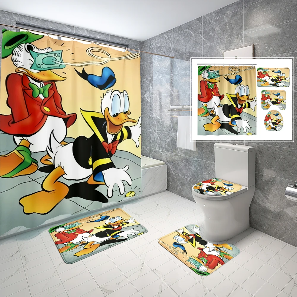 1/4Pcs 70*70inch Donald Duck HD print Waterproof Shower Curtain Set with Non-Slip Rugs,Toilet Lid Cover,Bath Mat ,12 Hooks