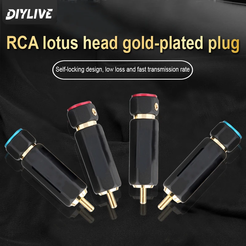 DIYLIVE HiFi Pure Copper PR-109 Gold Lock Type Solderless RCA Lotus Plug Audio Cable Connector Signal Cable Plug