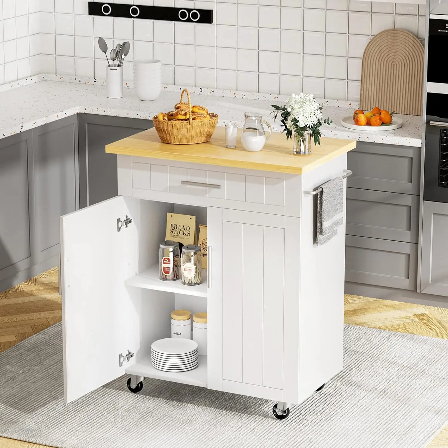 

JY QAQA 26" Kitchen Island on Wheels with Storage Cabinet Kitchen Cart Cabinet with Shelves, Cart Handle for Towel, Customized