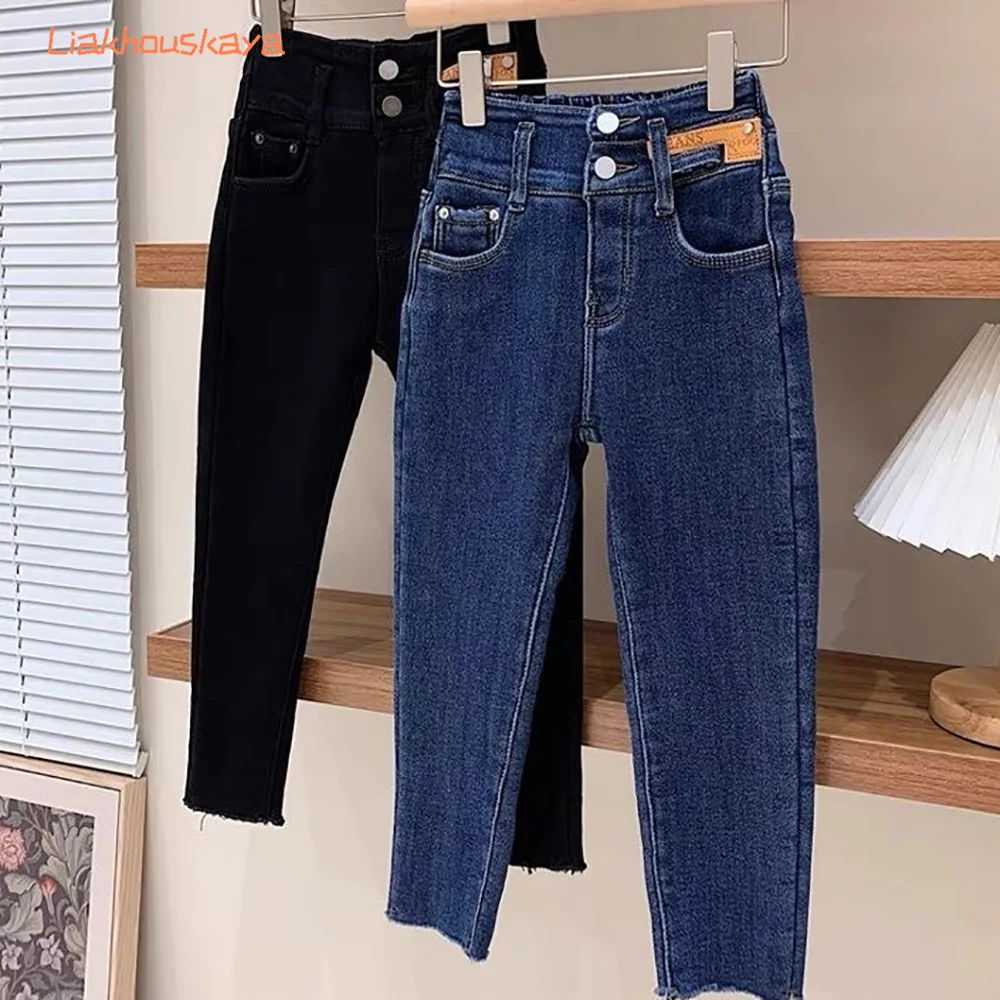 Girls High Waist Skinny Jeans Spring New Stretch Elastic Slim Pencil Denim Pants Kids Tight Long Trousers For 2-14Y Girls Casual
