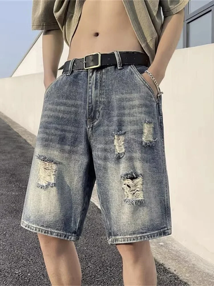 

Мужские джинсовые шорты в стиле ретро с поясом, рваные, летние, американского винтажного стиля, широкие, удлиненные (до колена)