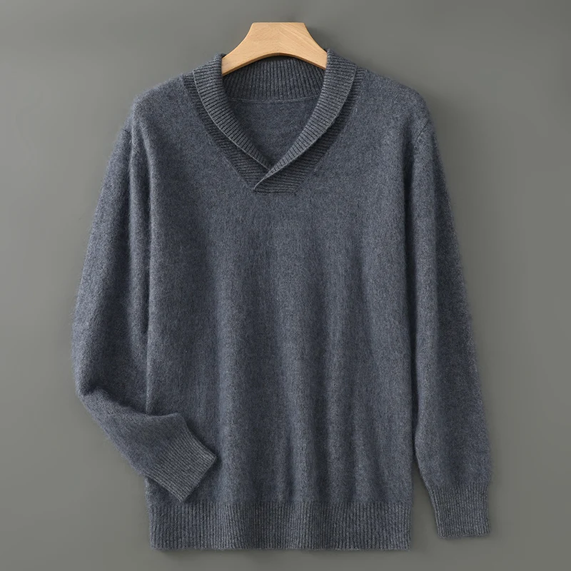 Autumn Winter Men's 100% Mink Cashmere Sweater Round Neck With And Loose Padded Long Sleeve Business Casual Bottoming Knit Top