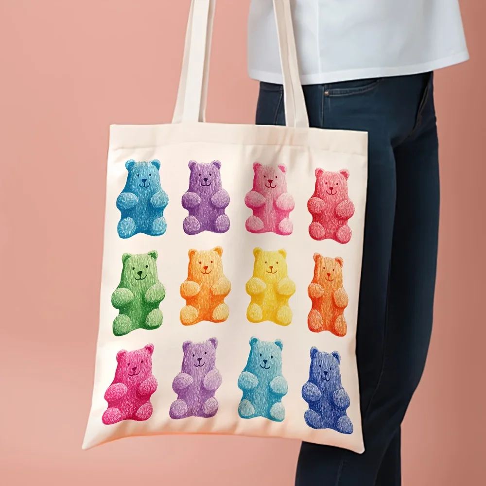 1pc, Colorful Teddy Bear Illustration Canvas Tote Bag Grocery Bags (35.05cm x 40.13cm), Stylish Reusable Shopping Bag for Daily