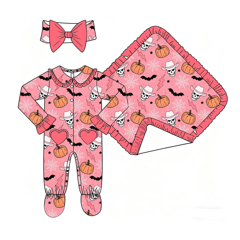Boutique Girls' Blanket and Romper Lapel Ruffle Buttons Love Pocket and Binding Feet Halloween Series Print Customizable Pattern