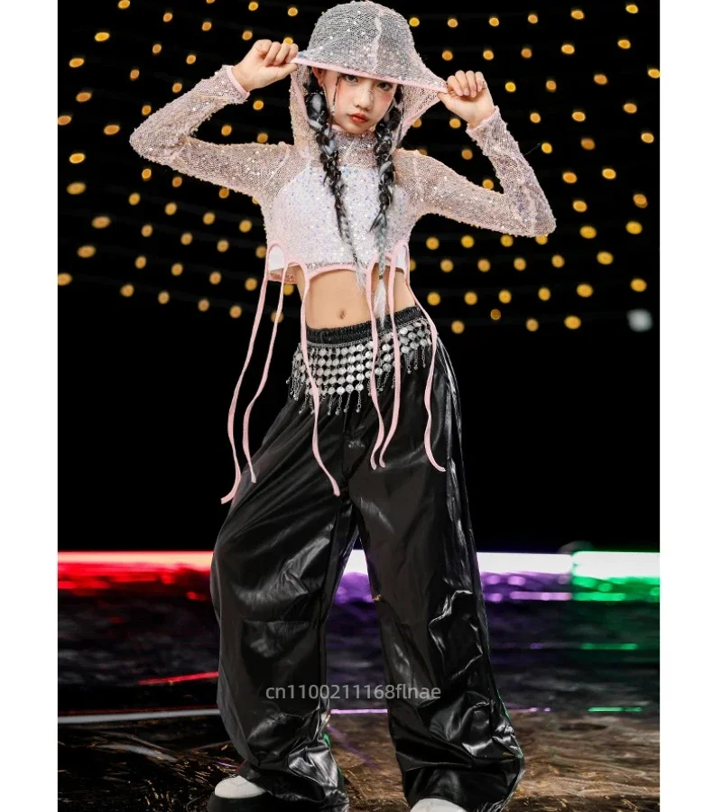 Fantasia de dança de jazz para meninas, hip-hop, lantejoulas, dança de rua, conjunto de pista, grupo de meninas, fantasia de performance de palco