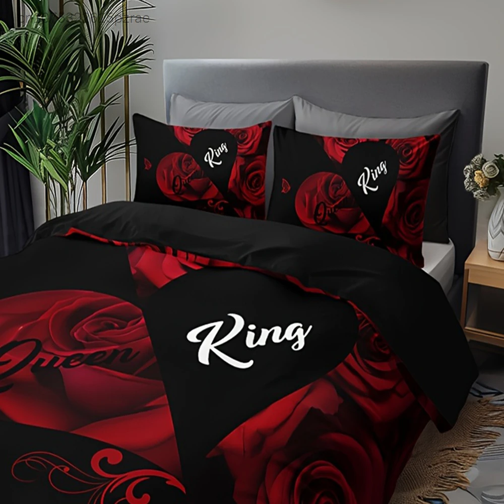 Love Rose Letter Print Duvet Cover Set - Romantic Red White Design With 1 Duvet Cover + 2 Pillowcases, High-Definition Print