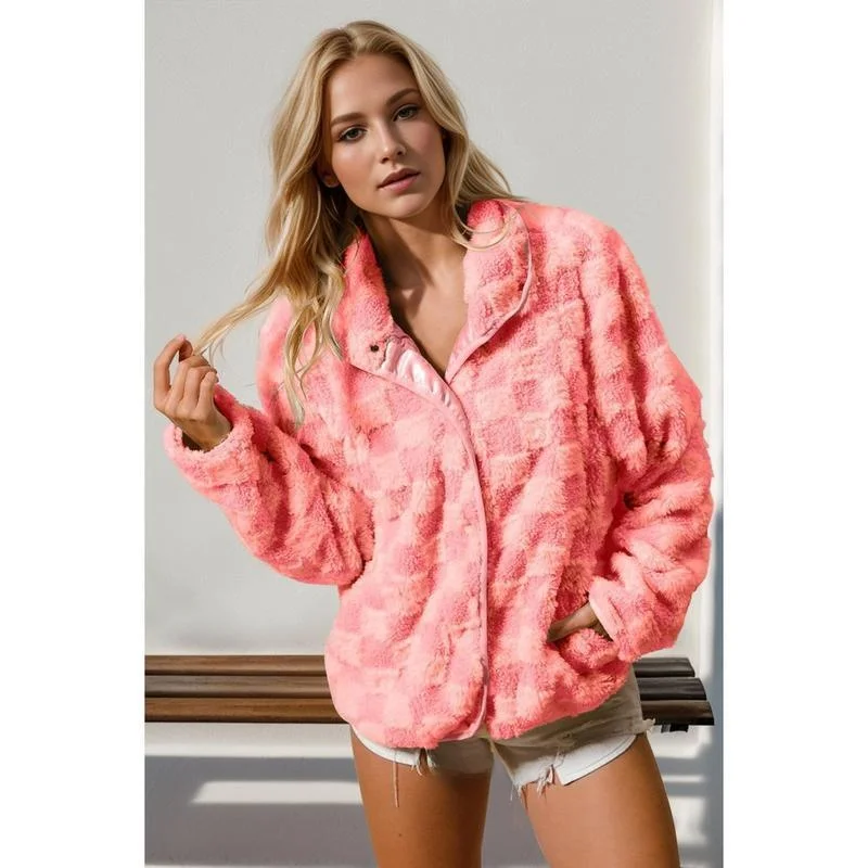Checked Fuzzy Zip Coat  Collar Princess Sleeve Medium Thickened Winter Outerwear for Women without Brand Registration
