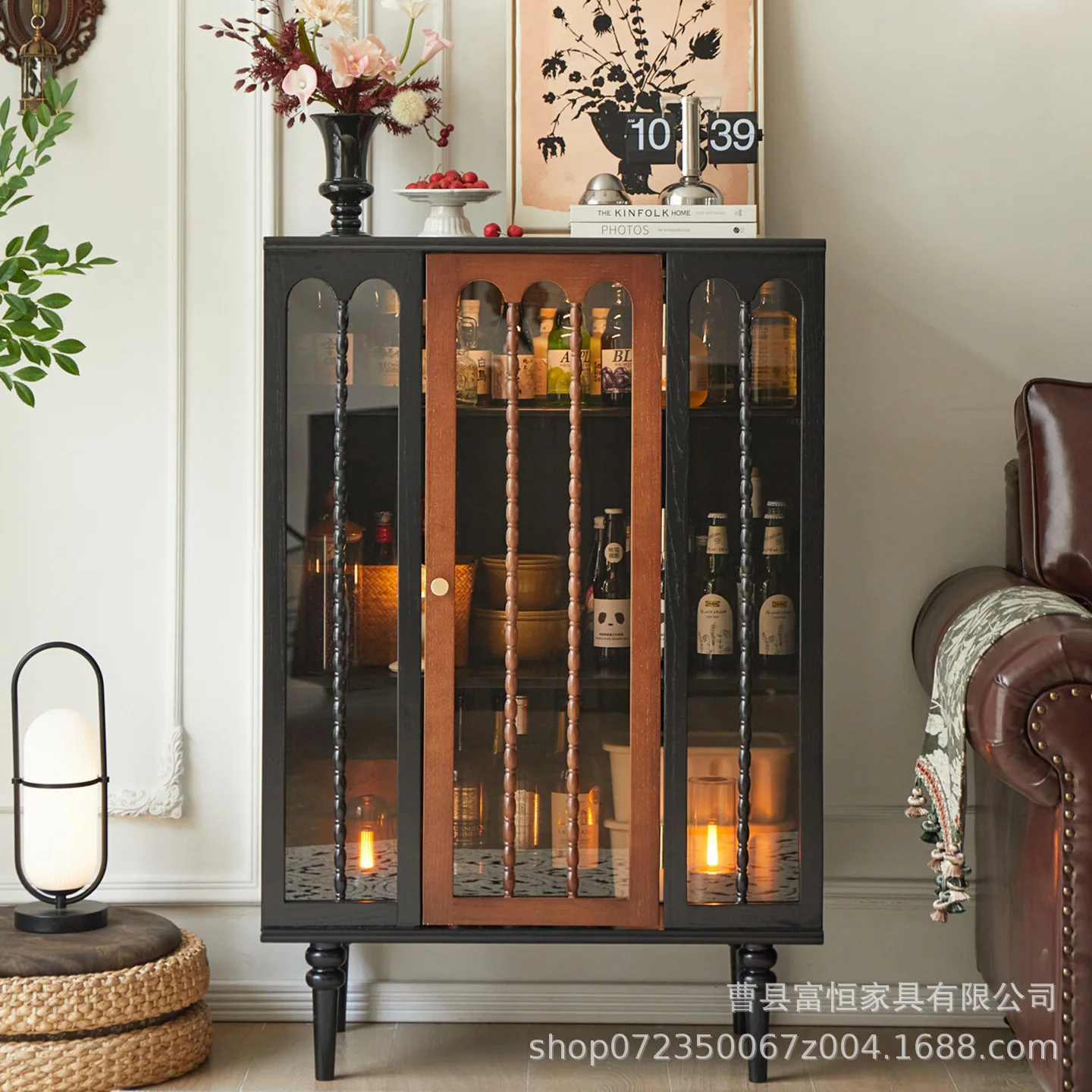 

DSA solid wood glass wine cabinet, living room against the wall, dining side cabinet, retro storage figure storage display