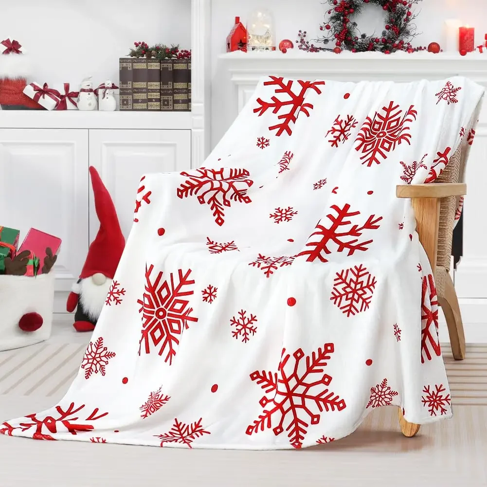 Customization Christmas Throw Blanket Red Snowflake Blanket Super Soft Flannel Fleece Blankets Winter Plush Fuzzy Warm Bed Blank