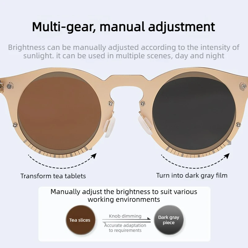 Rotatable Color-Changing Glasses Adjustable ND Lens Polarized Sunglasses Round Frame UV Protection Stylish for Fishing Hiking