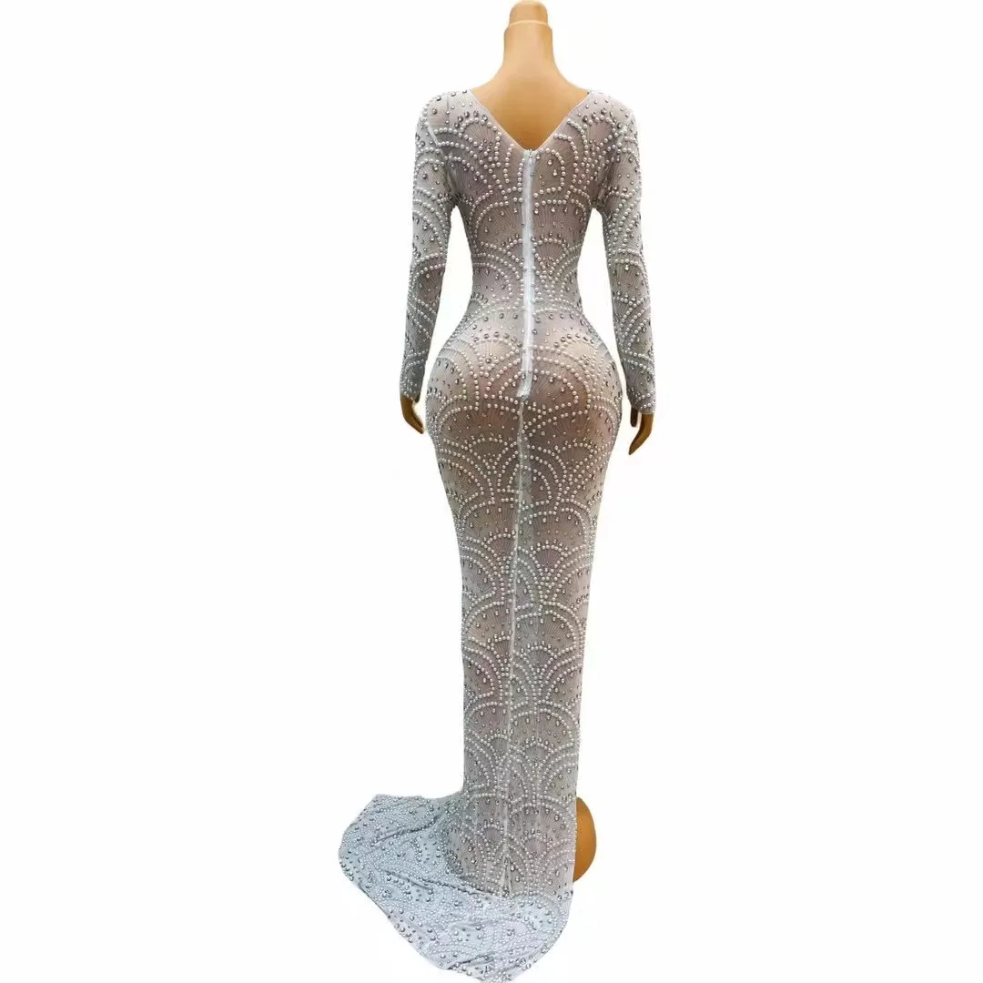 Sparkly Pearls Silver Rhinestones White Transparent Long Train Dress Evening Birthday Celebrate See Through Photo Shoot Dress