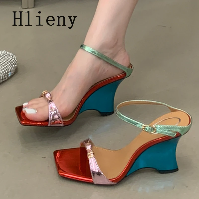 

Hlieny New Design Square Toe Woman Sandals Fashion Wedge High Heels Slippers Patent Leather Buckle Strap Summer Dress Shoes