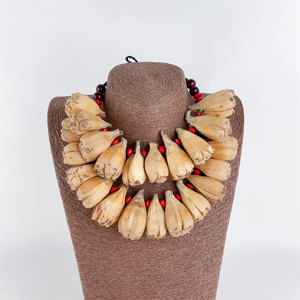 Samoa Ula Fala Earrings and Necklace Set for Ladies Natural Pandanus Fruit Red Seeds Formal Occasion Ceremonial Necklace