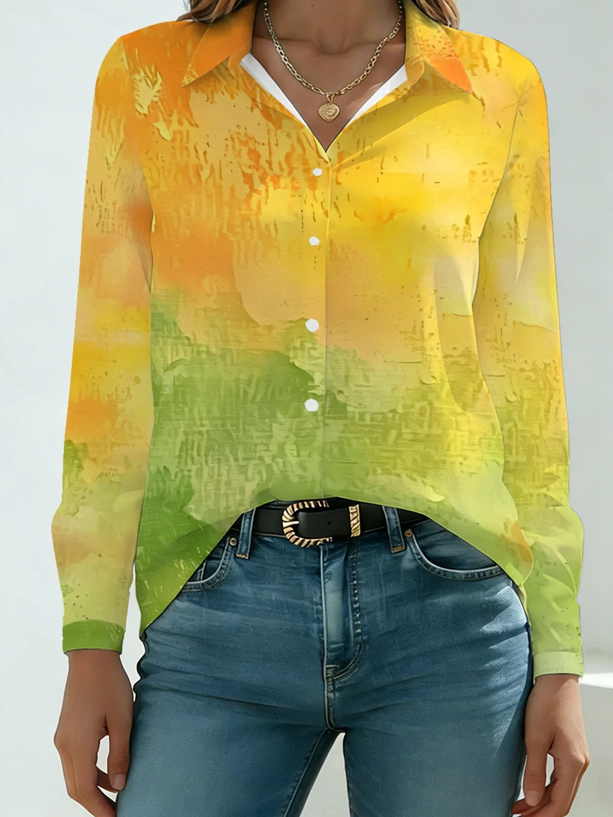 Vibrant Spring Wash Texture Print Women Lapel Blouse Yellow Green Gradient Hand Painted Abstract Rough Long Sleeve Beach Camping