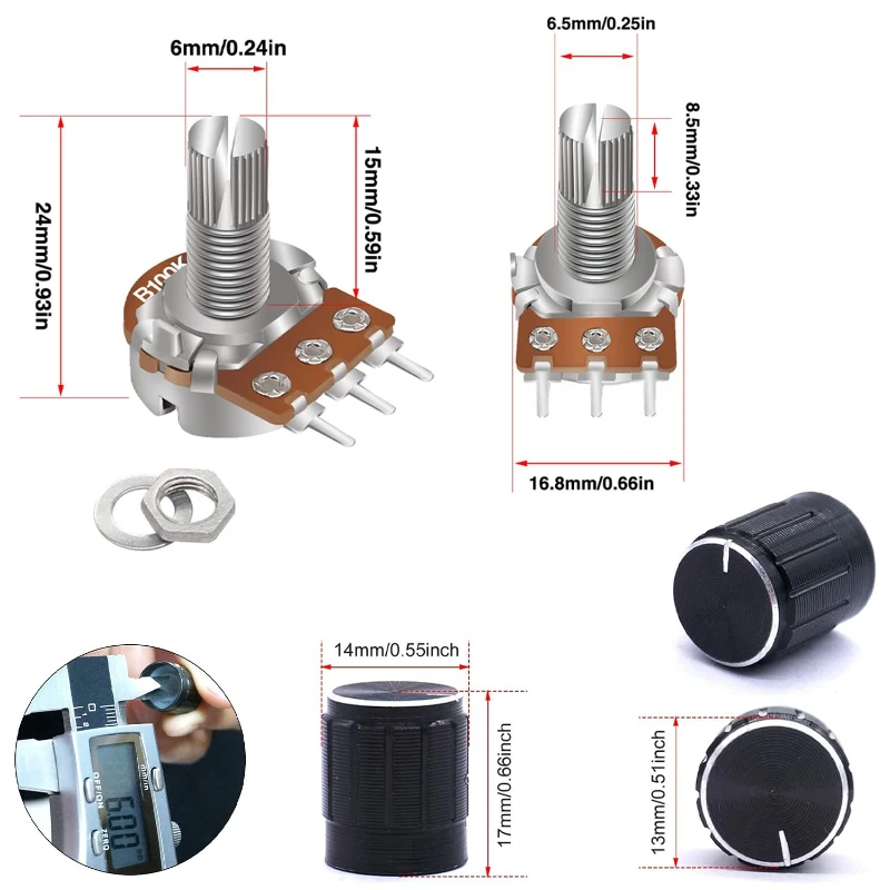 Imagem -03 - Kit de Potenciômetro Wh148 com Botões Rotativos e Porcas Taper Linear Rotary Arruelas 5k 10k 20k 50k 100k 15 mm 3pin 40 Pcs