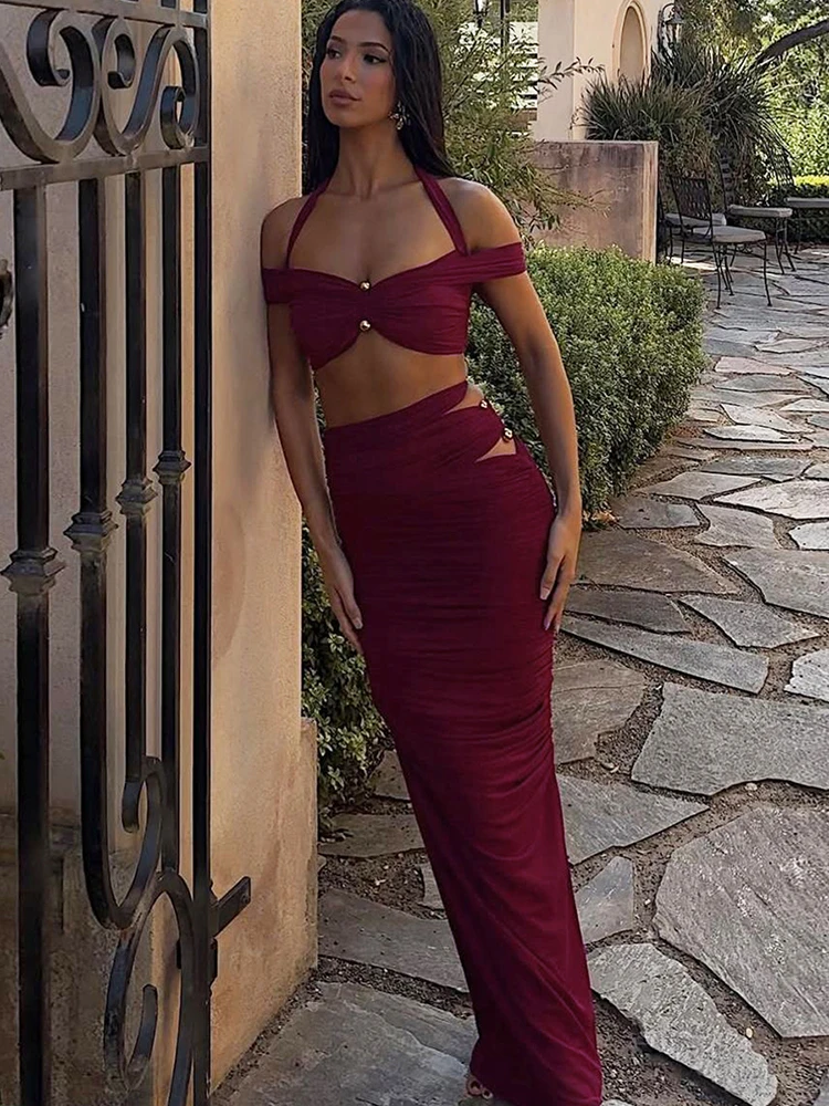 Nibber Sexy Folds 2-Piece Set Women Halter One Shoulder Metal Trim Mini Tops+Hollow Long Skirts Beach Party Slim Matching Suits