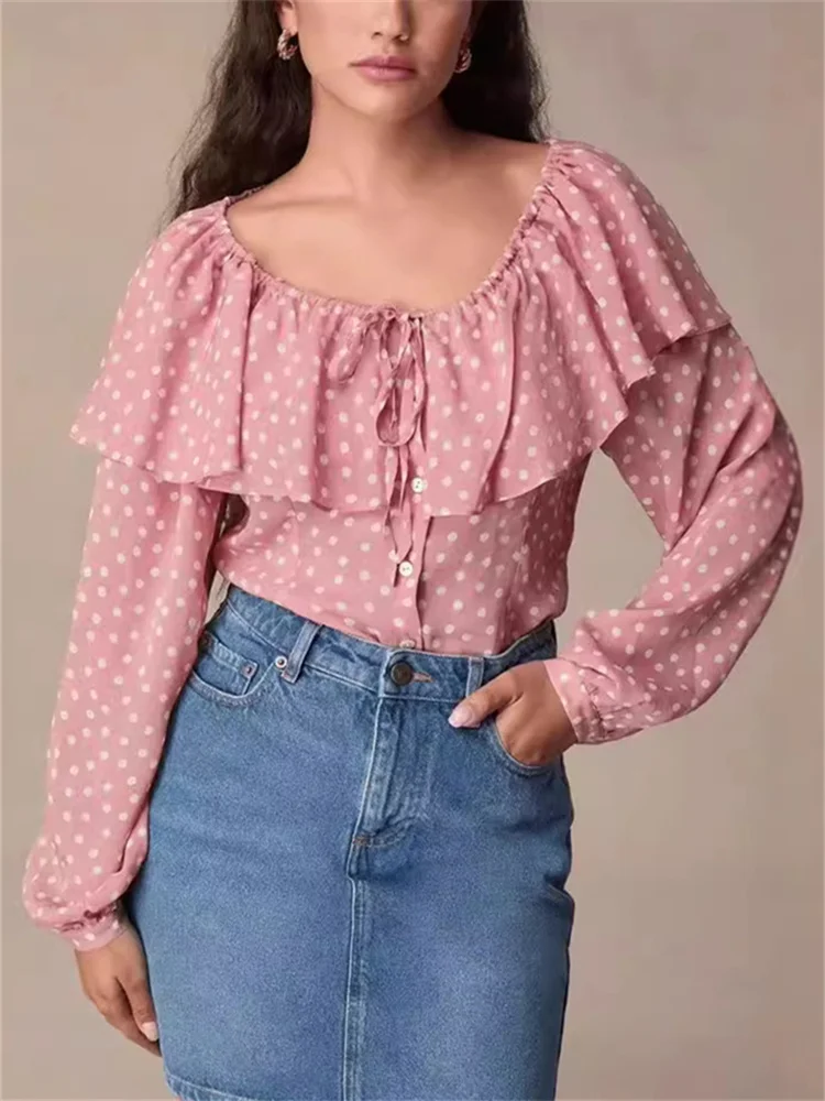 

Pink Polka Dot Women's Long Sleeves Blouse Puff Sleeve Lace-Up New Ruffled Pleated Shirt with Top for Ladies Early Autumn 2024