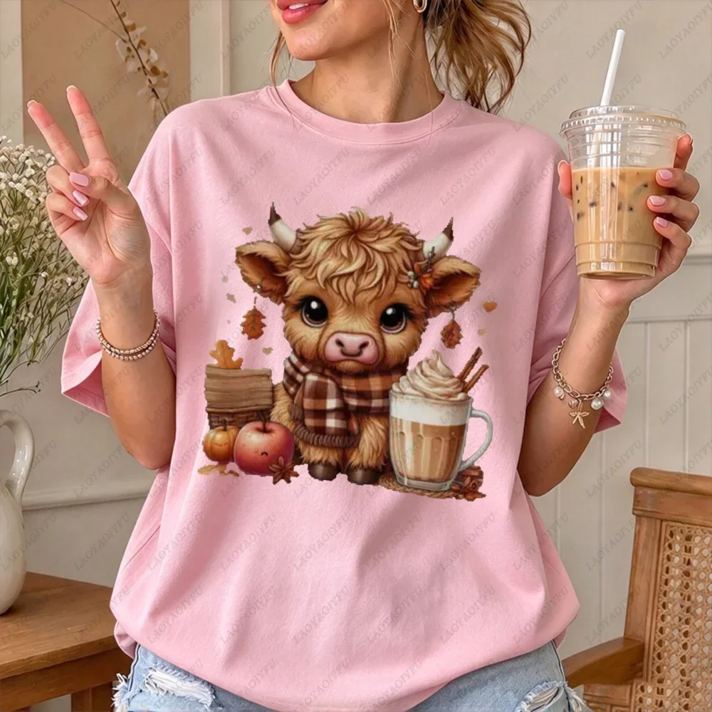 Cute Highland Cow Baby Scarf Coffee Apple Graphic Women Casual Short Sleeve T-Shirt Autumn Adorable Cozy Farm Animal Pullover
