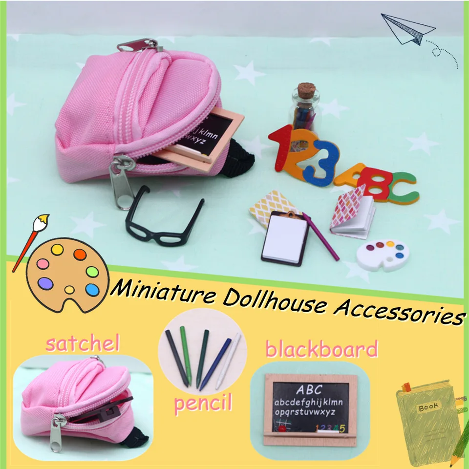 Zomiboo Lot de 14 mini fournitures scolaires miniatures pour maison de poupée de 29,9 cm avec livre, sac à dos, lunettes, tableau noir, règle et règle (style chic