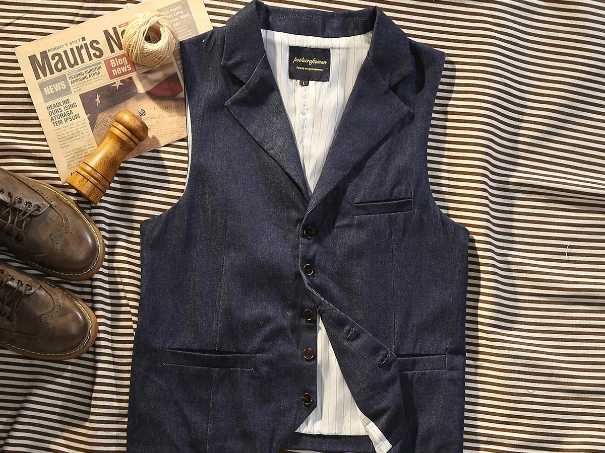 American casual Amikaki washed blue denim vest men\'s retro gentleman jacket Paris button vest