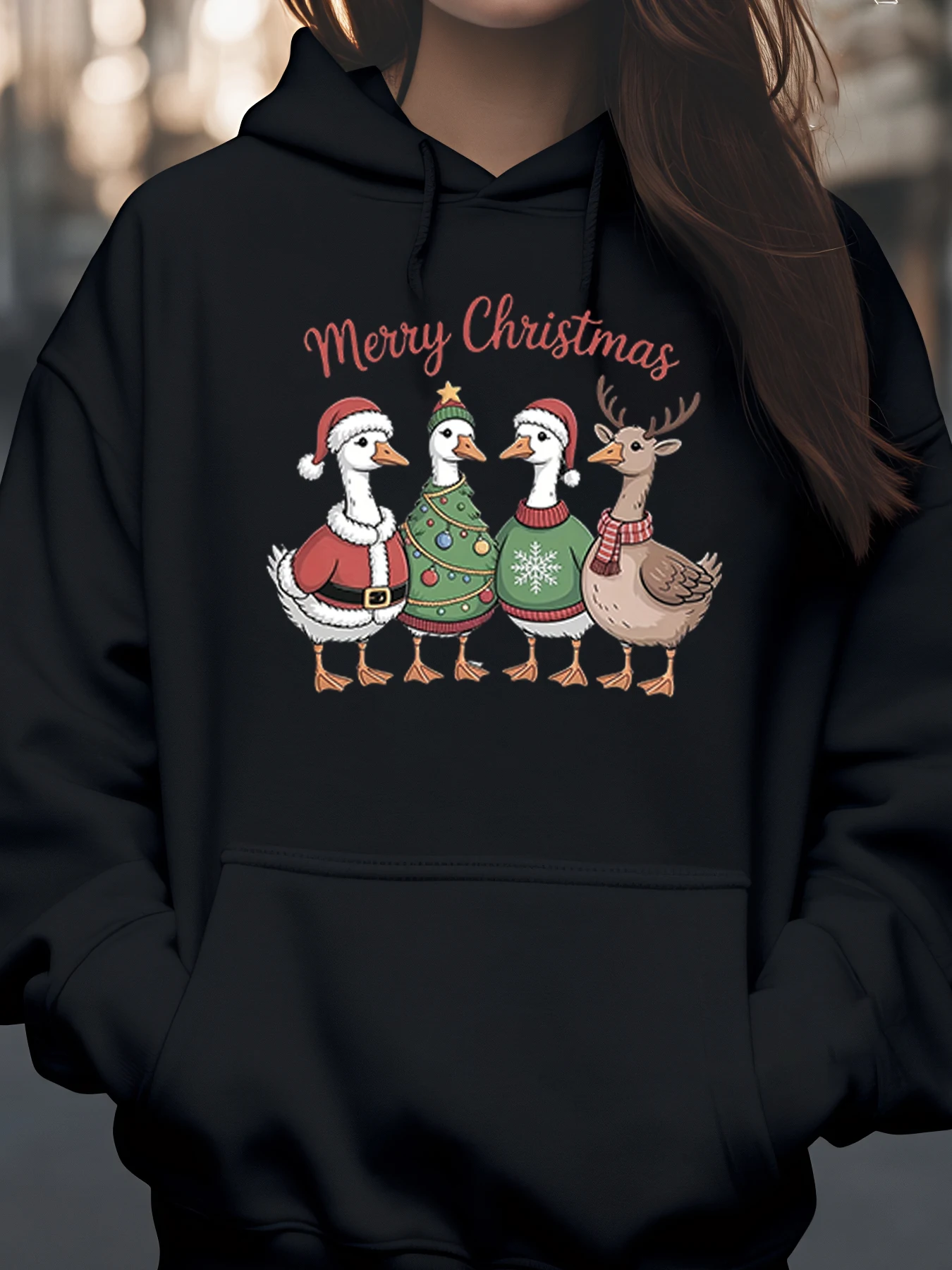 

Утка Рождественская елка Олень С Рождеством Толстовка с принтом Праздничная повседневная одежда Женская