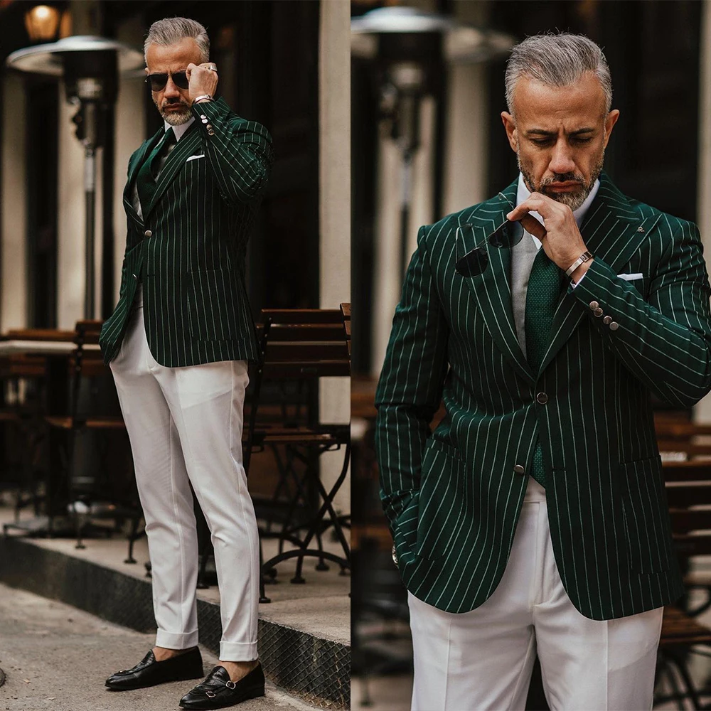 

Green Striped Men Wedding Tuxedos One Jacket Groom Dinner Business Evening Blazer Birthday Party Wear