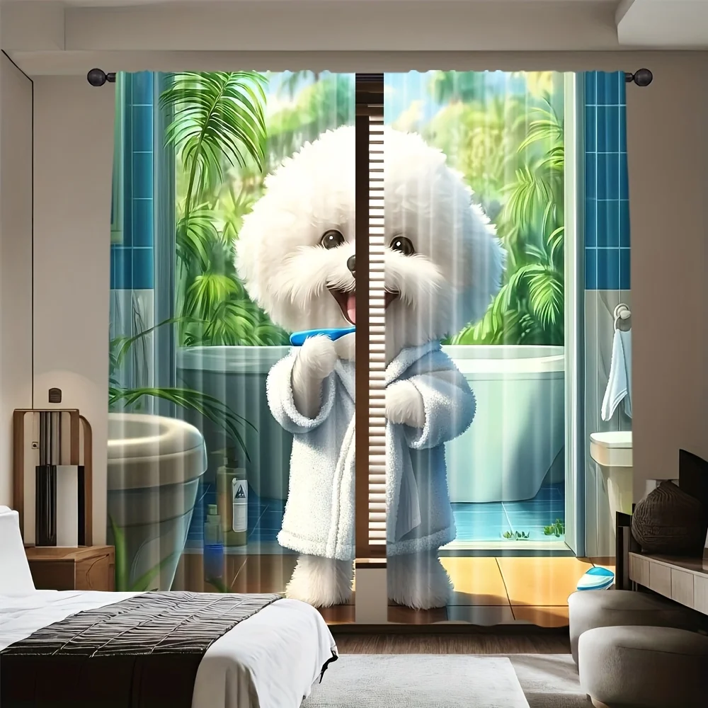 2 Panels Cute Bichon Frise Dog Art Curtains Decorative for Bedroom Living Room Office Home Decor Two Pieces Window Drapes