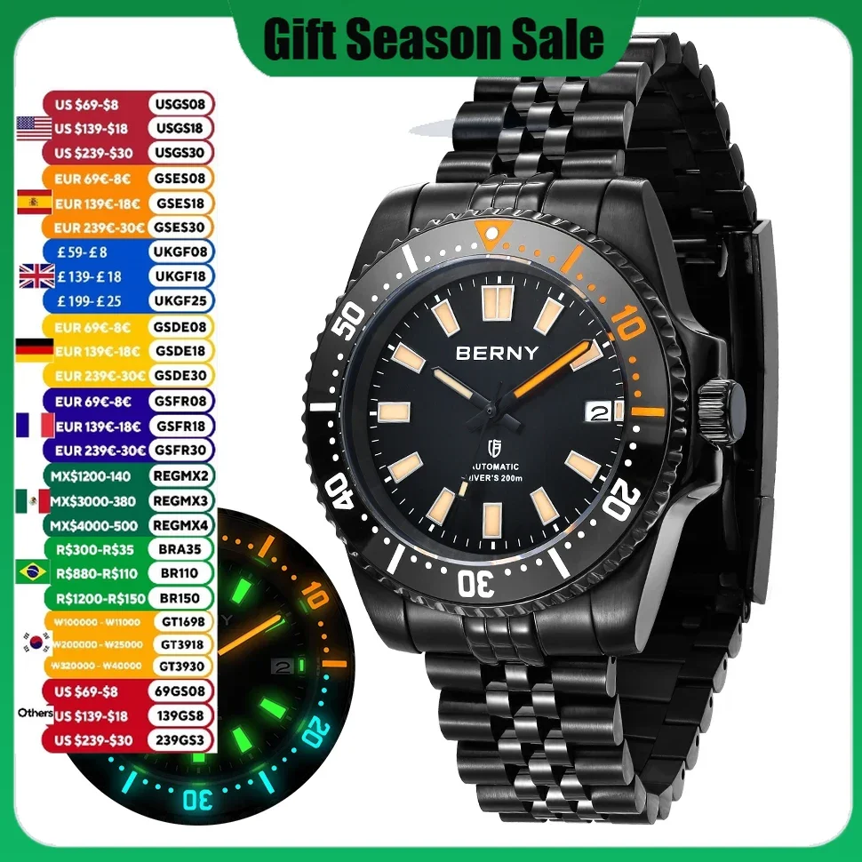 BERNY 20ATM Men\'s Diving Watch Automatic BERNY NH35 Super Luminous Sapphire Men Sport Mechanical Automatic Self-Wind Wristwatch