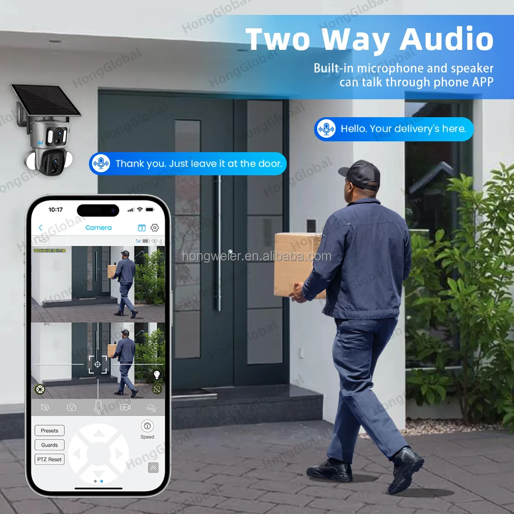 HongGlobal 8MP PTZ CCTV Solar Energy Wireless Surveil Light Camera Ubox Dual Lens 4G Outdoor Security 4G Sim Card Solar Camera