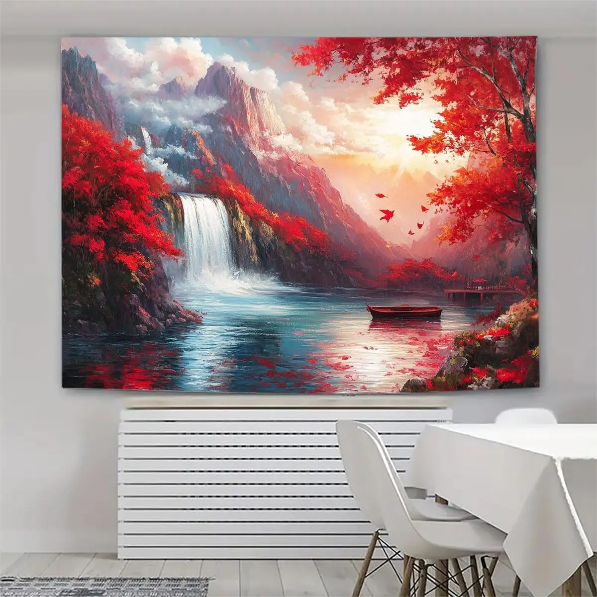 Watercolor Mountain Waterfall Tapestry – Autumn Leaves, Sunrise & Lake Reflection for Living Room or Bedroom Decor