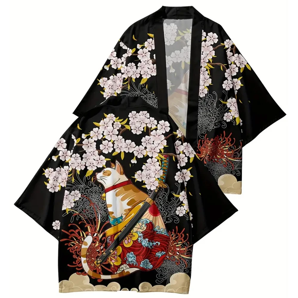 Japanese Kimono Yukata Samurai Kimono Man Cat Print Shirt Clothing Harajuku Cardigan For MenTraditional Haori Kimono Women Tops