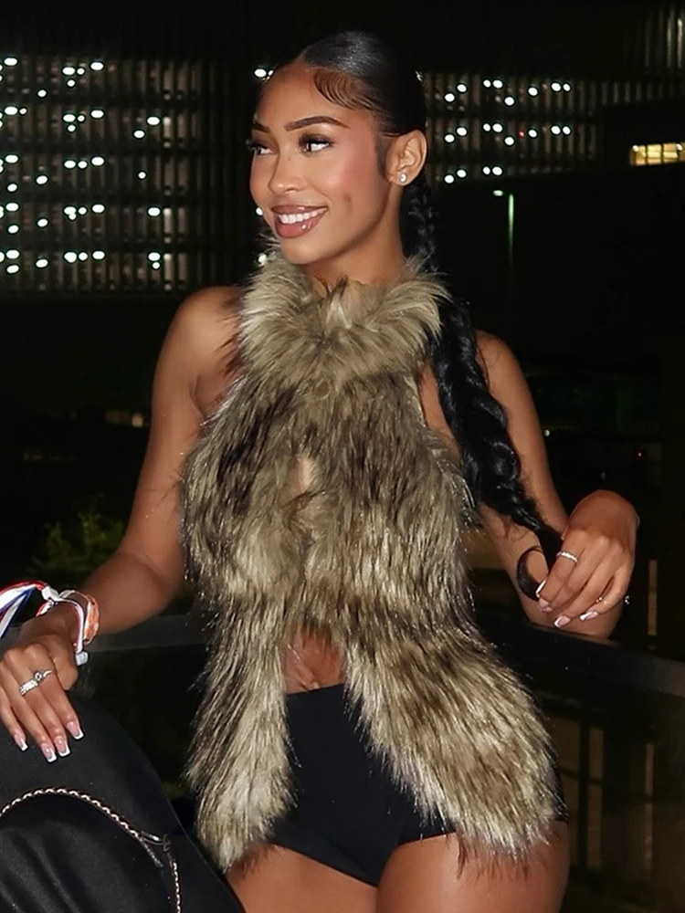 Sexy peludo tank topos feminino hipster halter y2k sem costas bandagem meia-noite festa clubwear verão tendência selvagem colete básico