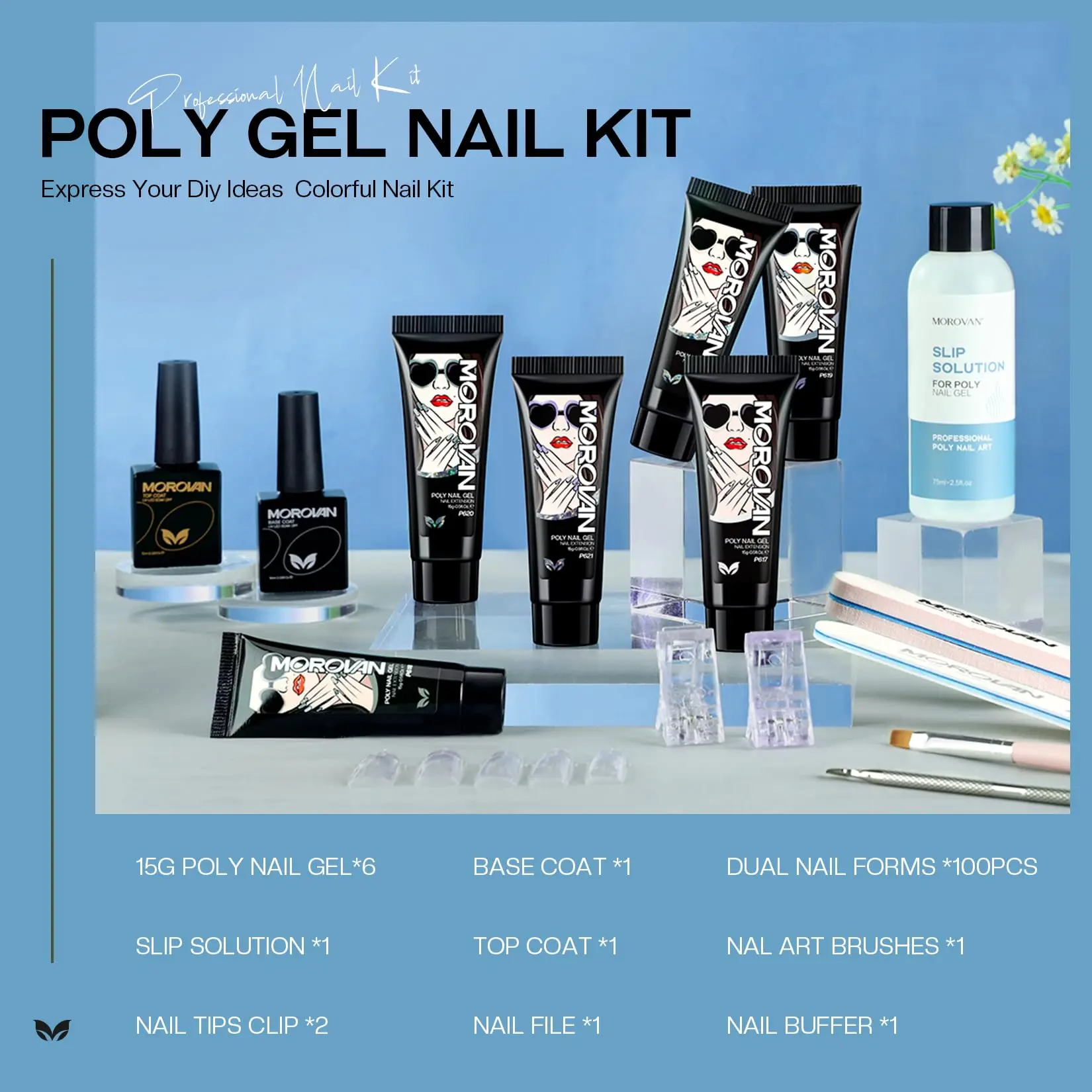 Morovan Poly Gel nail set: transparent dark shiny Poly extended gel nail set, Polygel nail introduction set multi-function set