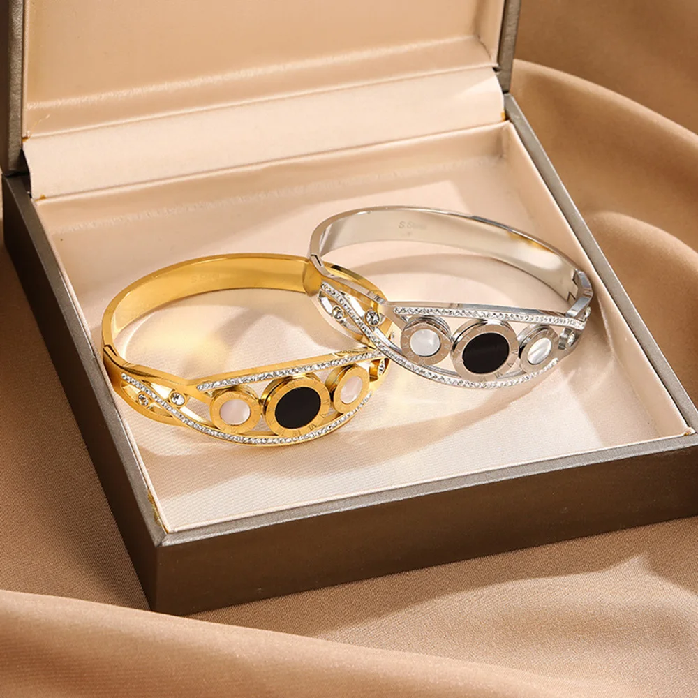 أزياء أسود أبيض جولة الفولاذ المقاوم للصدأ أساور مغلقة للنساء الرجال الذهب الفضة اللون سوار حزب المجوهرات اليومية #2