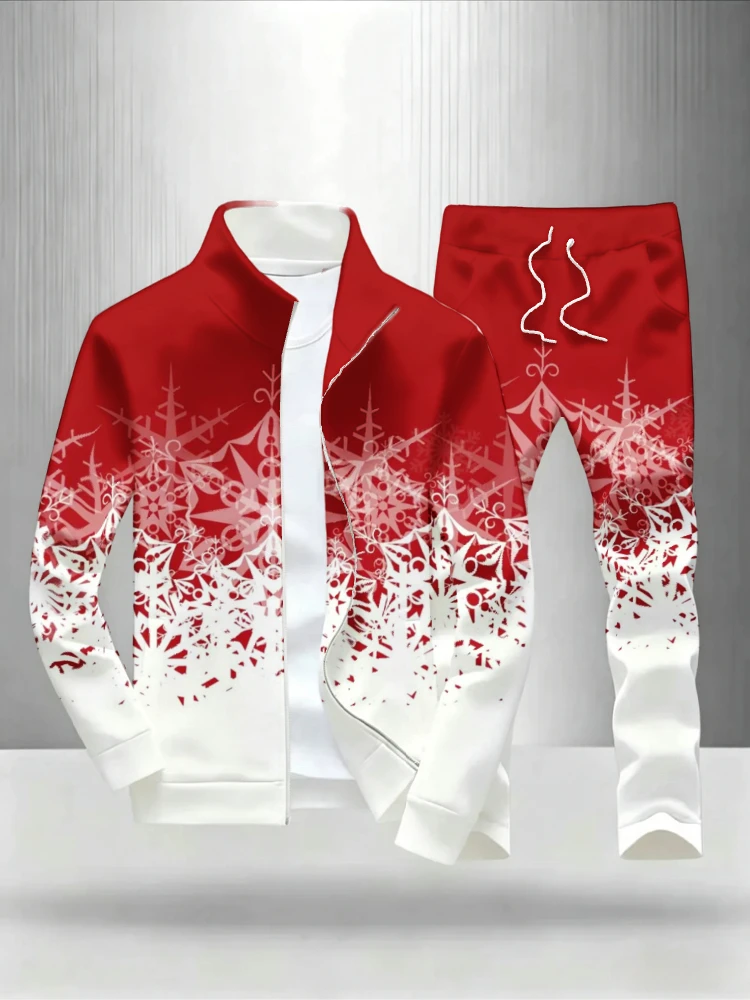 Men Xmas Reindeer Star Print Tracksuit Full Zipper Stand Collar Jacket And Drawstring Pants 2 Piece Sport Suit For Holiday Daily