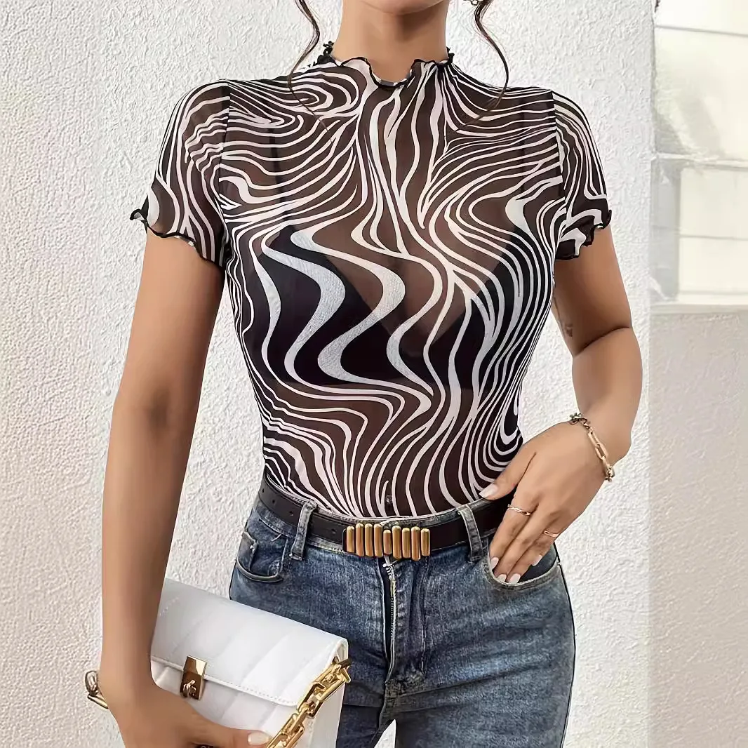

Fashion Women's Short-sleeved Tops with Fungus Stripes Slimming Summer T-shirt Hot Girl See-through Nightclub Tights for Female