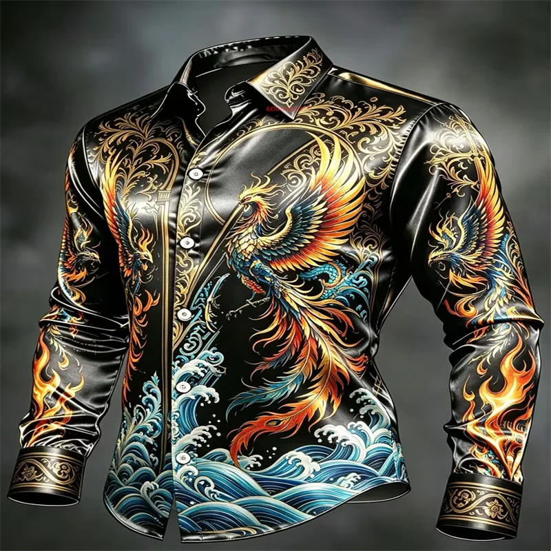 Men's glossy satin Gothic-style long-sleeve collared shirt featuring bat, skull, and floral prints—perfect for Halloween parties