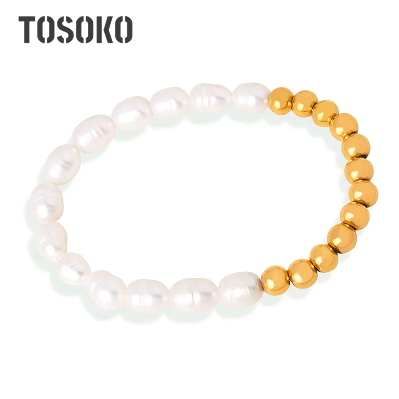 

TOSOKO Stainless Steel Jewelry Anshui Pearl Splicing Round Bead Handmade Beaded Gold-Plated Bracelet Jewelry BSE505