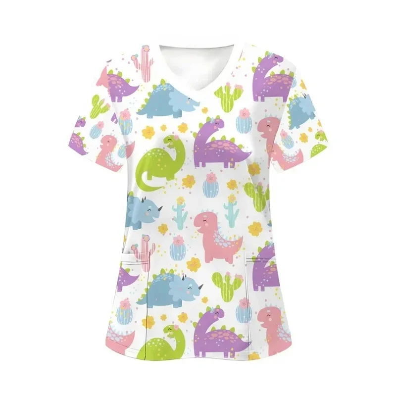 Cartoon dinosaur print medical short-sleeve shirtTShirt Women's Stretch Slim-Fit Veterinary Nurse Workwear Top