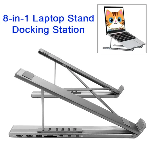 Soporte para ordenador portátil 8 en 1 con estación de acoplamiento, aleación de aluminio, plegable y elevable, base USB C para tableta, adaptador de concentradores tipo C
