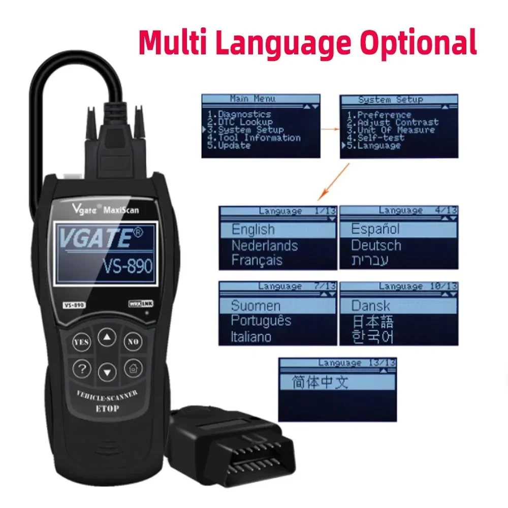 Newest Vgate VS890S OBD2 Diagnostic Scanner VS890 Vgate SCAN Tool VS 890 CAN-BUS Multi-Languages Car Code Reader