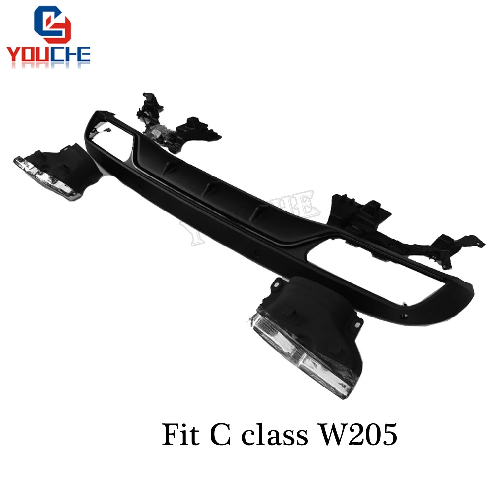 W205 AMG Style Black Rear Bumper Diffuser For Mercedes W205 C Class Classic Model 2015-2018 4-outlet Exhaust Tips Endpipe