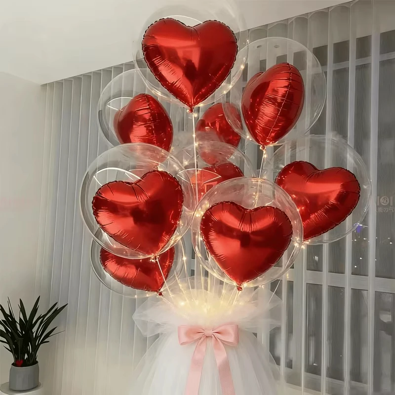 Transparentes Bubble-Ballon-Set mit Rotem Haken Herz-Folienballons Valentinstag Geburtstag Hochzeit Party Dekoration