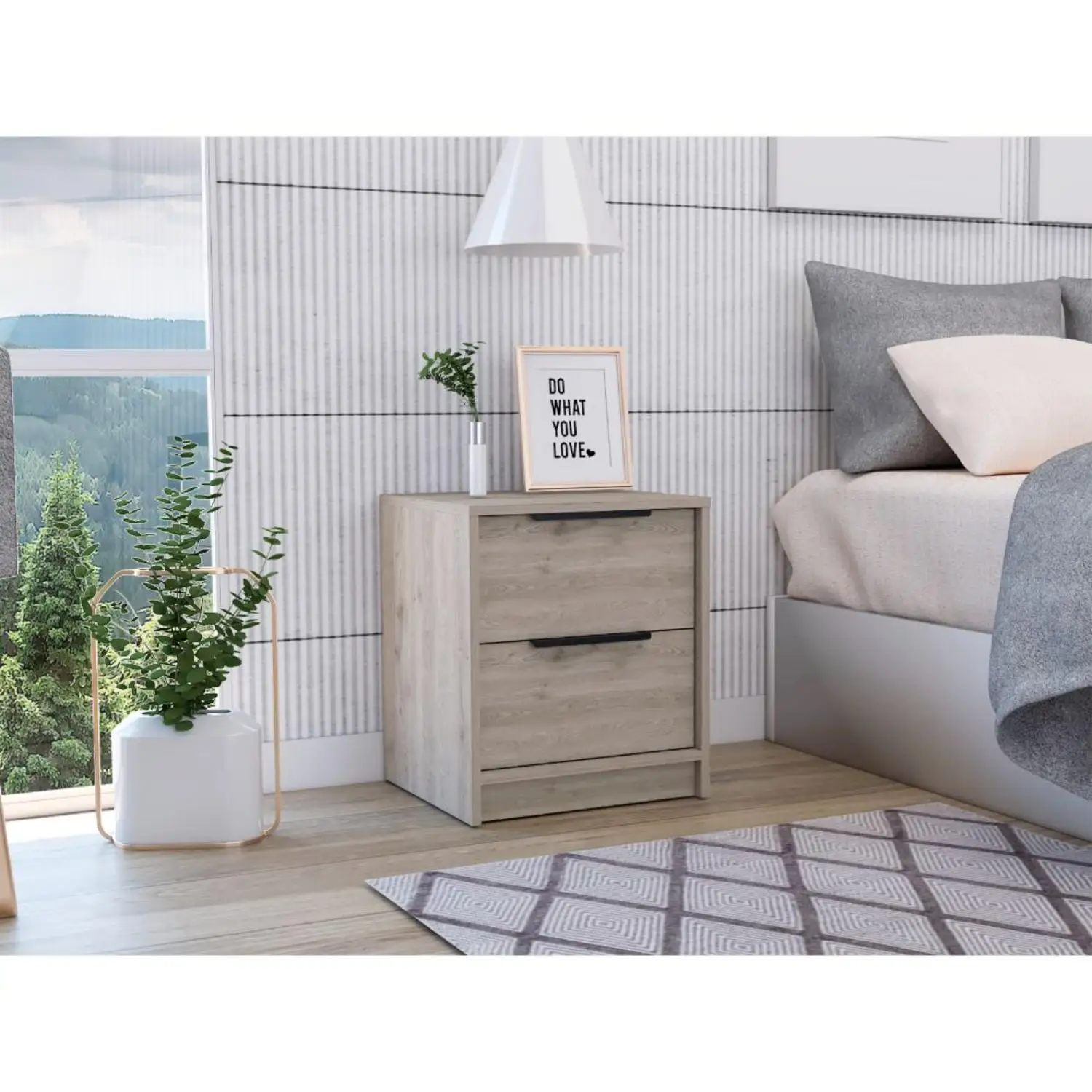 

Kaia Nightstand, Two Drawers, Metal Handle Light Gray