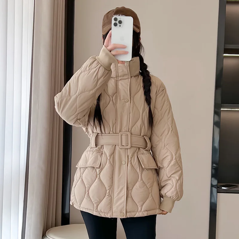Cappotto imbottito da donna invernale Tasche con colletto alla coreana con stampa geometrica Giacca trapuntata da donna Giacca elegante in vita per signora