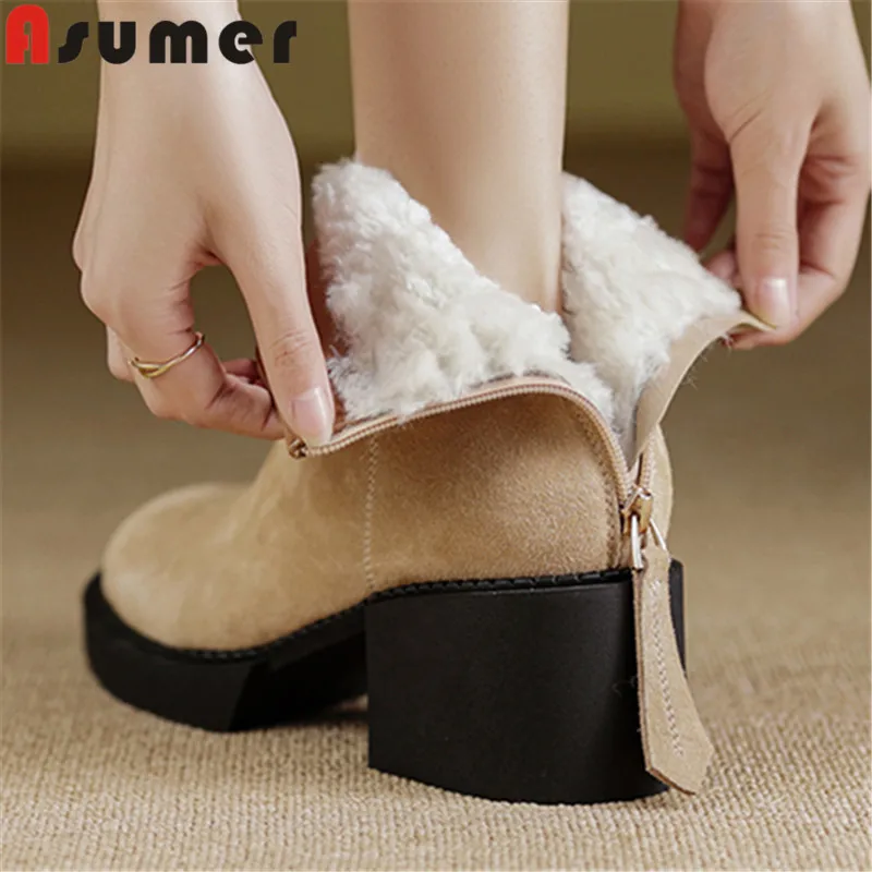 

ASUMER 2024 New Size 33-40 Cow Suede Warm Winter Boots Woman Nature Wool Snow Boots Ladies Zipper Fashion Ankle Boots