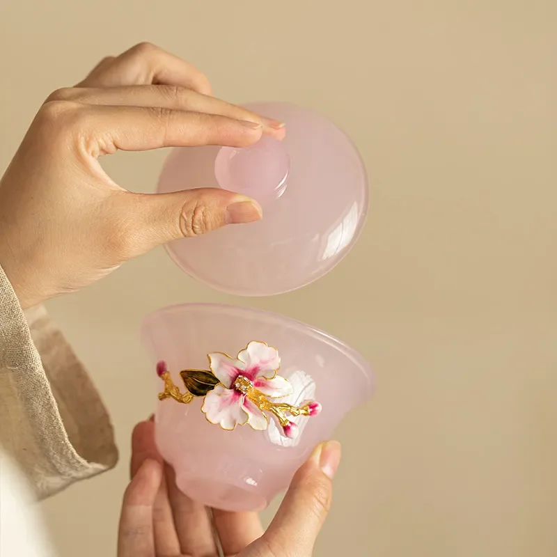 Pink Glazed Ceramic Gaiwan Handmade Flower Pattern Tea Bowl Traditional Kung Fu Tea Set Household Teaware Holiday Gift for
